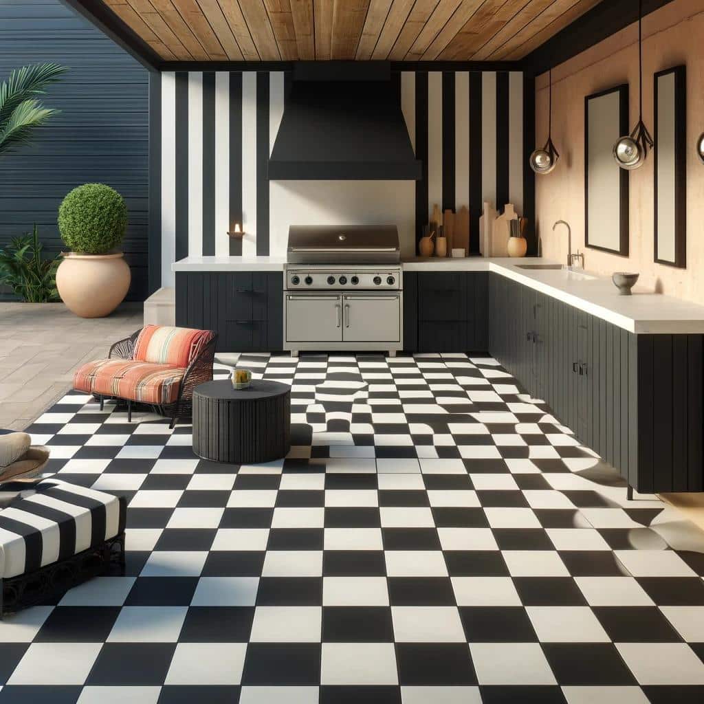 An outdoor kitchen area featuring a classic black and white checkerboard pattern