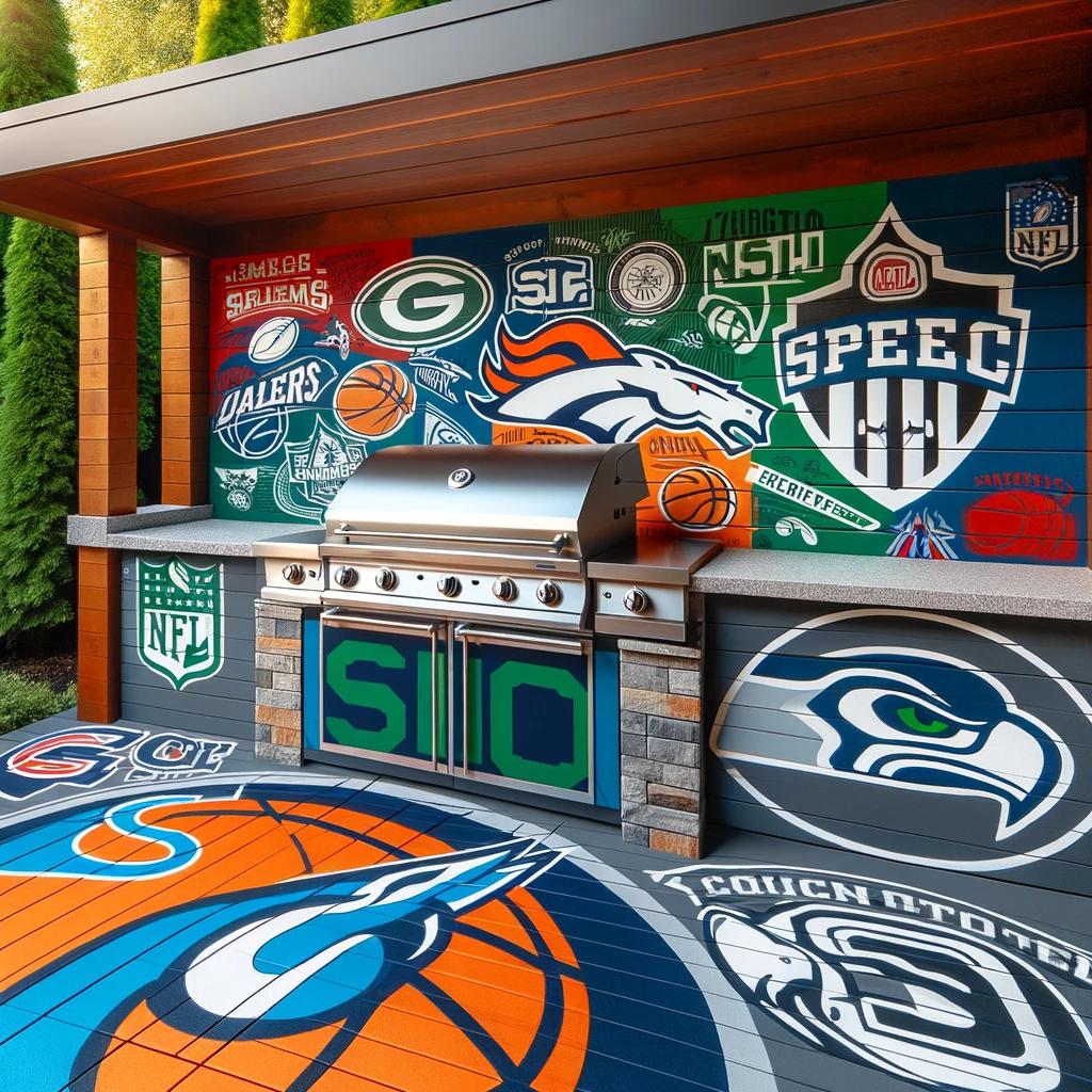 An outdoor kitchen area featuring sports team logos