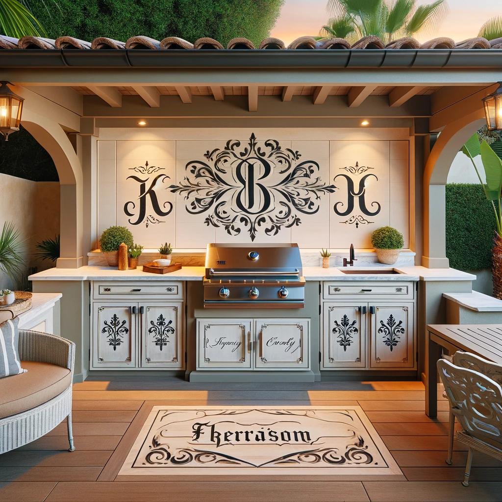 An outdoor kitchen area personalized with names or initials