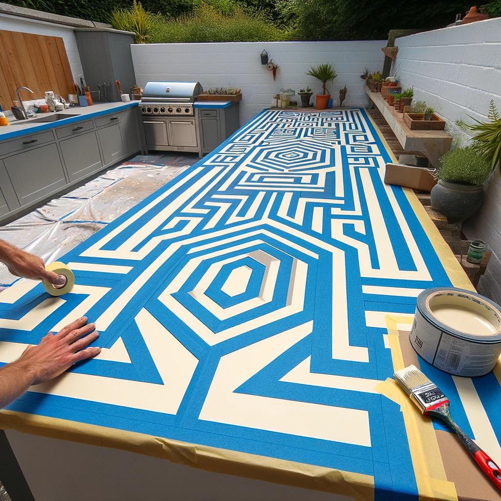 An outdoor kitchen area where painter's tape is used