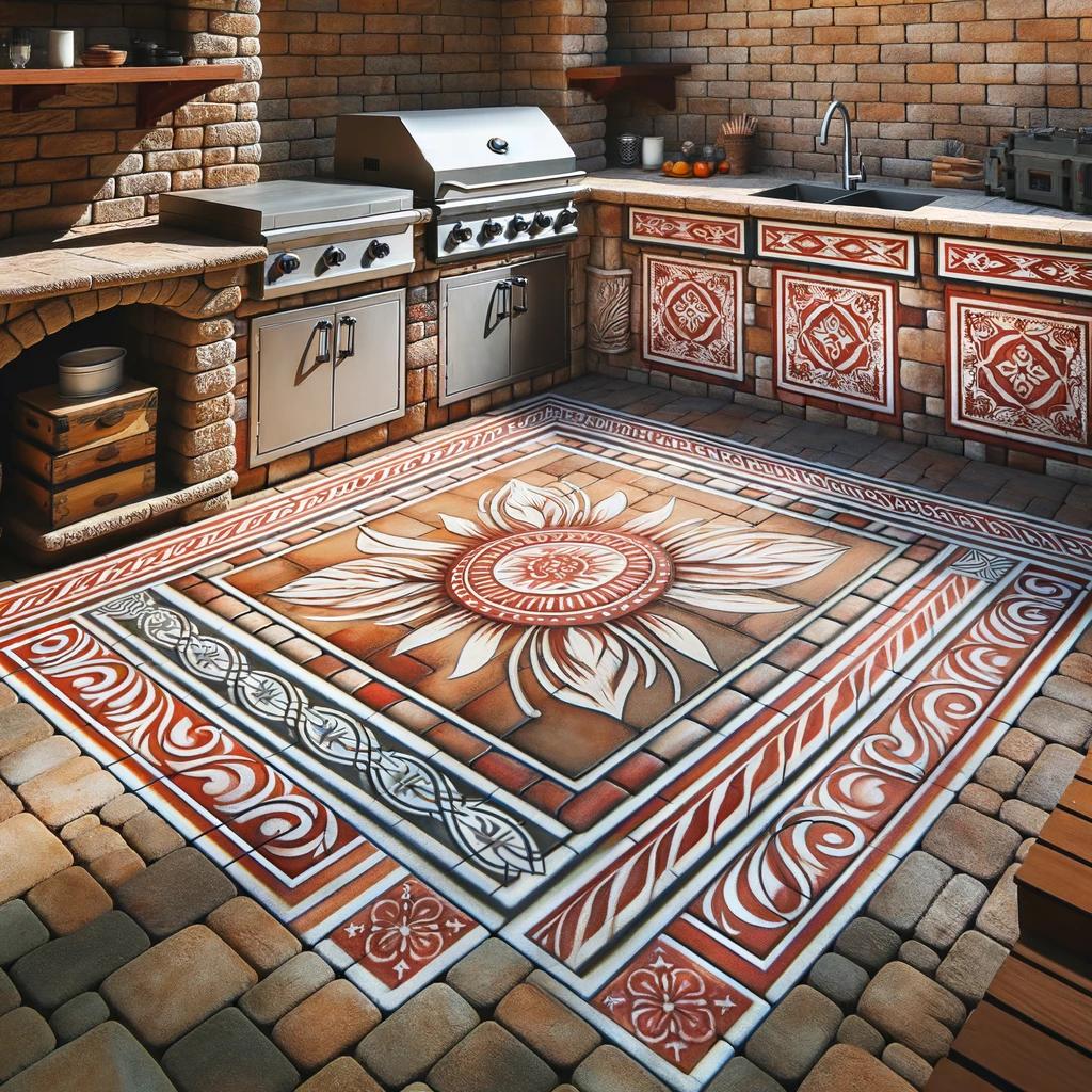 An outdoor kitchen area with a faux brick or tile design