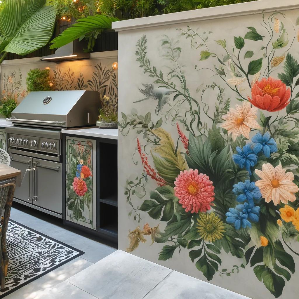 An outdoor kitchen area with a floral-inspired design