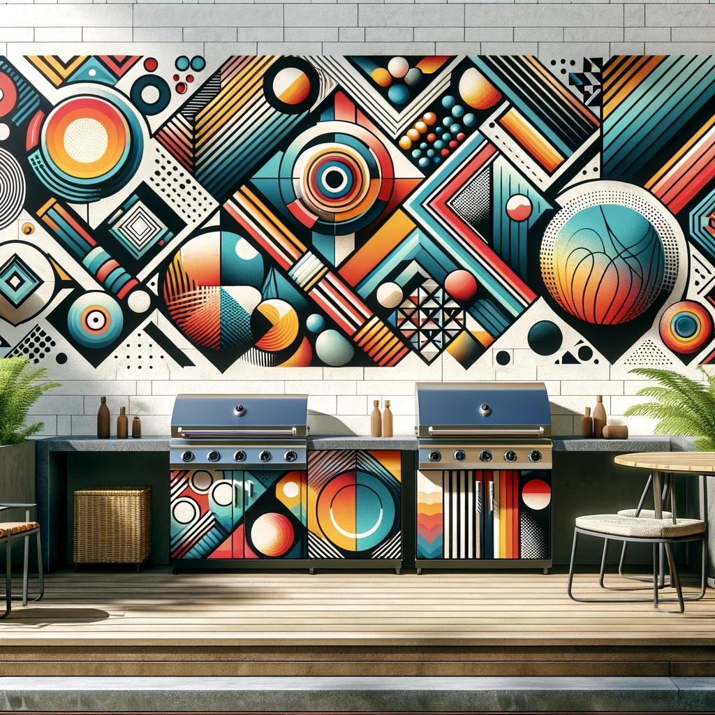 An outdoor kitchen area with a modern, abstract design