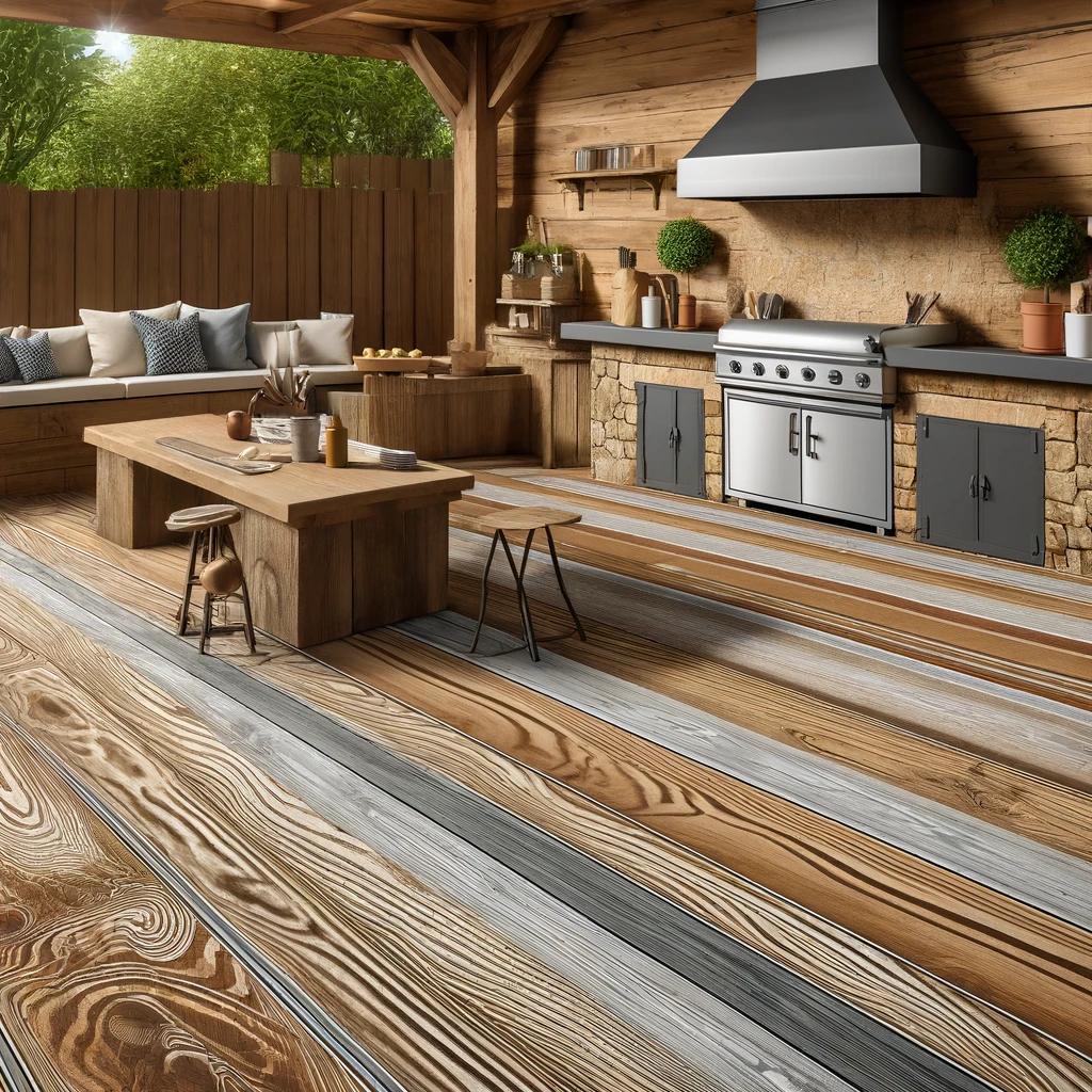 An outdoor kitchen area with a rustic wood grain look