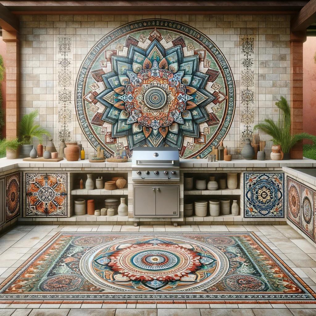 An outdoor kitchen area with an elaborate design